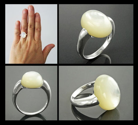 Oval White Ring, Sterling Silver, Mother of Pearl Shell, Modern Minimalist Stone Jewelry, Original Design Setting