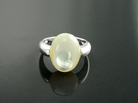 Oval White Ring, Sterling Silver, Mother of Pearl Shell, Modern Minimalist Stone Jewelry, Original Design Setting