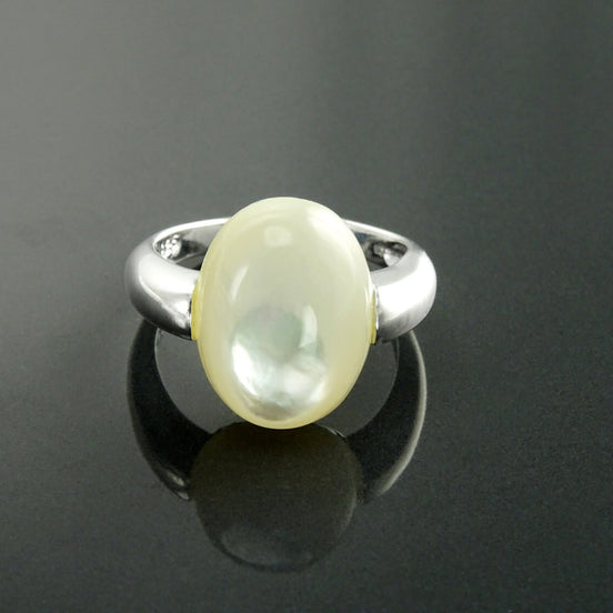 Oval White Ring, Sterling Silver, Mother of Pearl Shell, Modern Minimalist Stone Jewelry, Original Design Setting