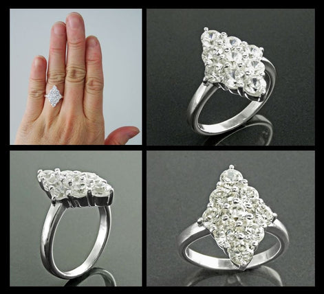 Clear Oval Ring, Sterling Silver, Square ring, Marquise Form Shape, White Clear stones Cz, Woman Cocktail Stone Jewelry, Woman Gift