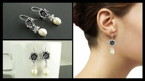 Sterling Silver FLOWER Rose Dangle Earrings, Fresh Water Pearl Gemstone, Vintage Inspired Jewelry