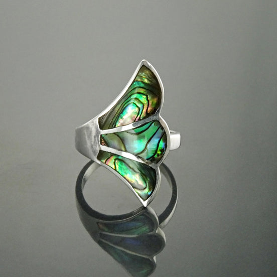 Paua Shell Fan Ring, Sterling Silver, Wave Stone Ring, Flat Abalone Jewelry, Unique Wing Feather Ring, Blue Green Rainbow Color, Art Nouveau
