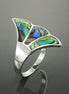 Paua Shell Fan Ring, Sterling Silver, Wave Stone Ring, Flat Abalone Jewelry, Unique Wing Feather Ring, Blue Green Rainbow Color, Art Nouveau