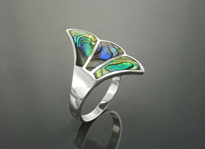 Paua Shell Fan Ring, Sterling Silver, Wave Stone Ring, Flat Abalone Jewelry, Unique Wing Feather Ring, Blue Green Rainbow Color, Art Nouveau