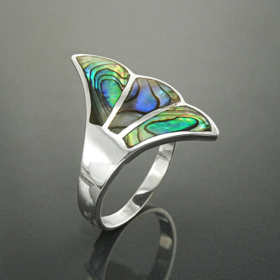 Paua Shell Fan Ring, Sterling Silver, Wave Stone Ring, Flat Abalone Jewelry, Unique Wing Feather Ring, Blue Green Rainbow Color, Art Nouveau