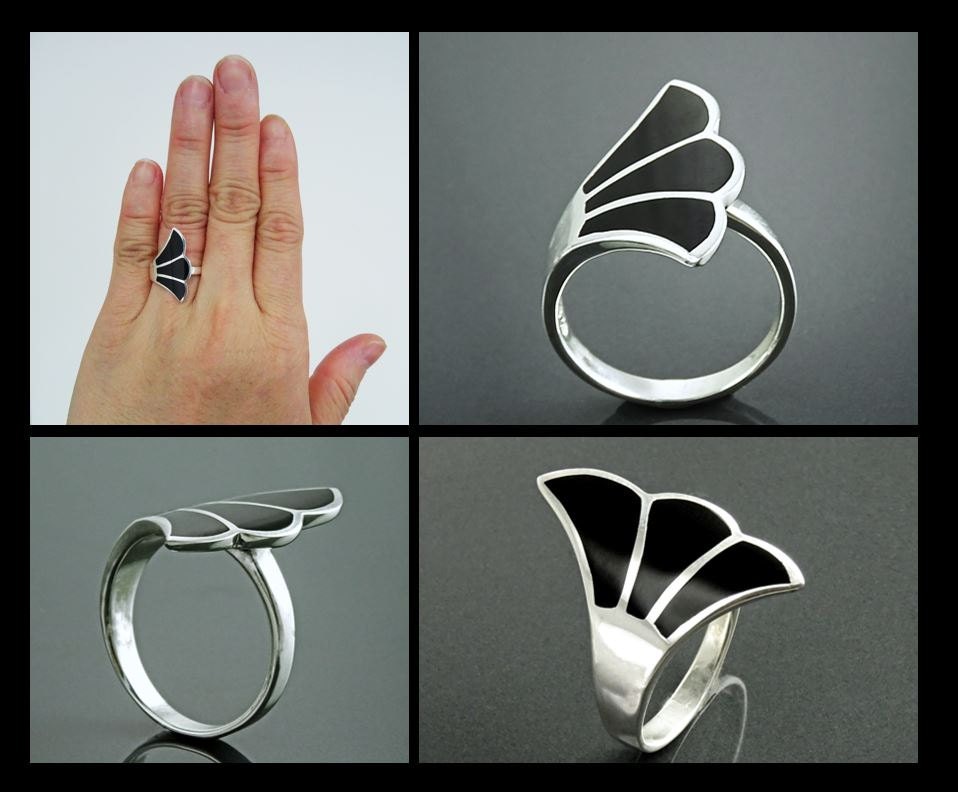 Art Nouveau Sterling Silver Ring, Black Onyx Fanned Wave Band, Designer Jewelry