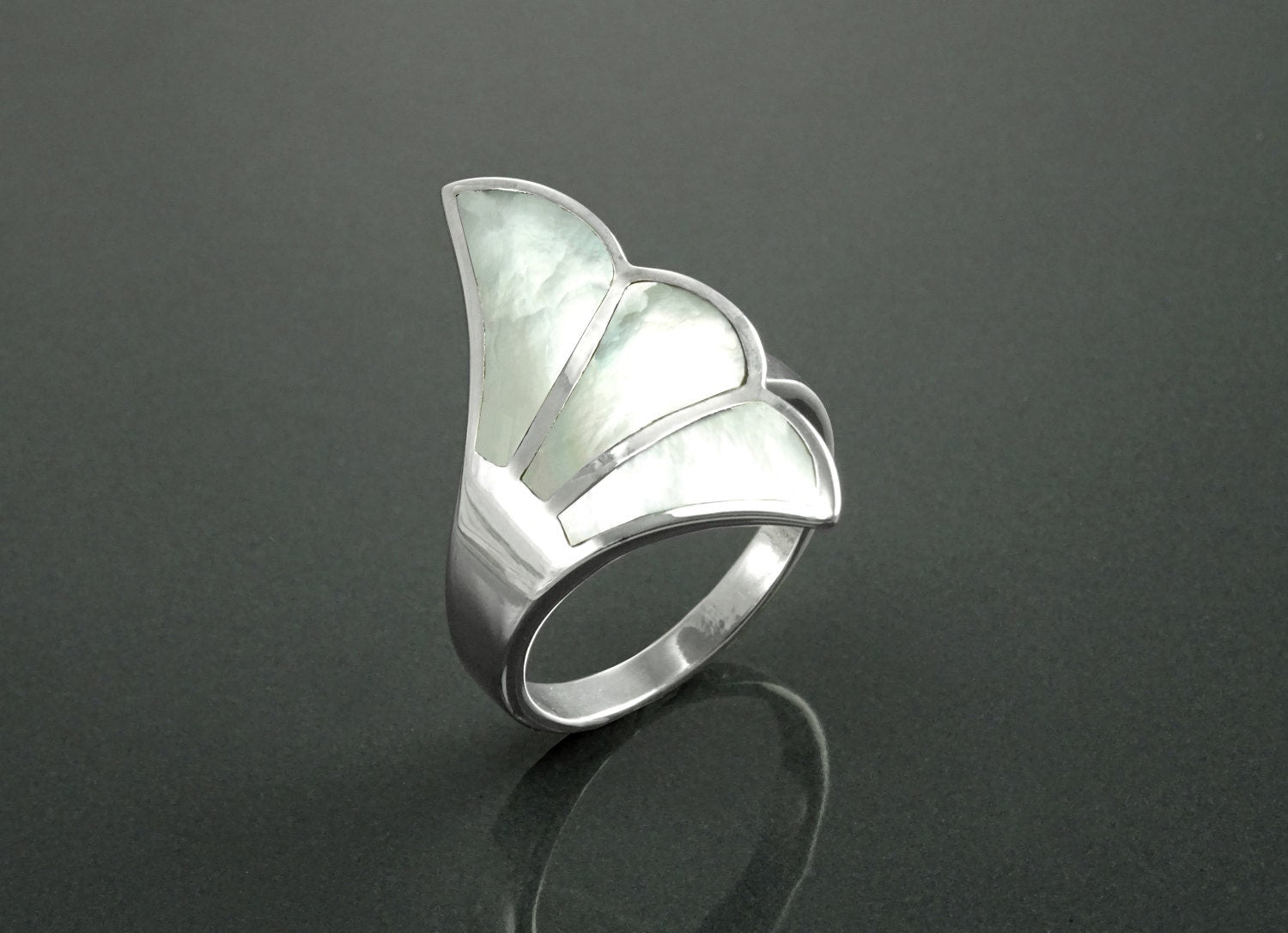 White Shell Ring, Sterling Silver, Flat Stone Ring, Genuine Mother of Pearl Shell Ring, Fanned Wave Wing, Unique Band Ring, Pearl Jewelry