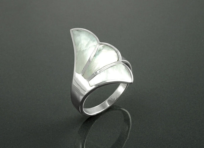 White Shell Ring, Sterling Silver, Flat Stone Ring, Genuine Mother of Pearl Shell Ring, Fanned Wave Wing, Unique Band Ring, Pearl Jewelry