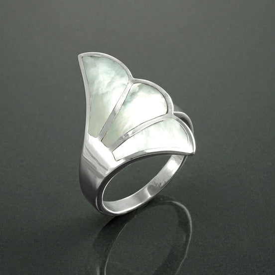 White Shell Ring, Sterling Silver, Flat Stone Ring, Genuine Mother of Pearl Shell Ring, Fanned Wave Wing, Unique Band Ring, Pearl Jewelry