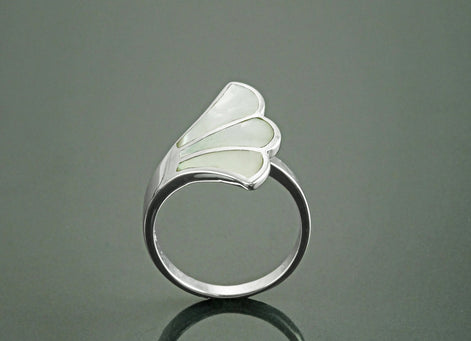 White Shell Ring, Sterling Silver, Flat Stone Ring, Genuine Mother of Pearl Shell Ring, Fanned Wave Wing, Unique Band Ring, Pearl Jewelry