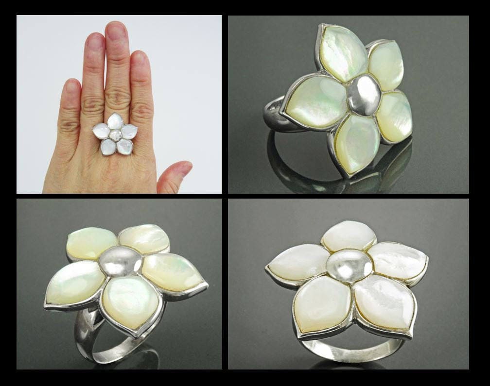 White Flower Ring, Sterling Silver, Mother of Pearl Shell , Polynesian Blossom Frangipani Flowers Petals Ring, White Stone Ring