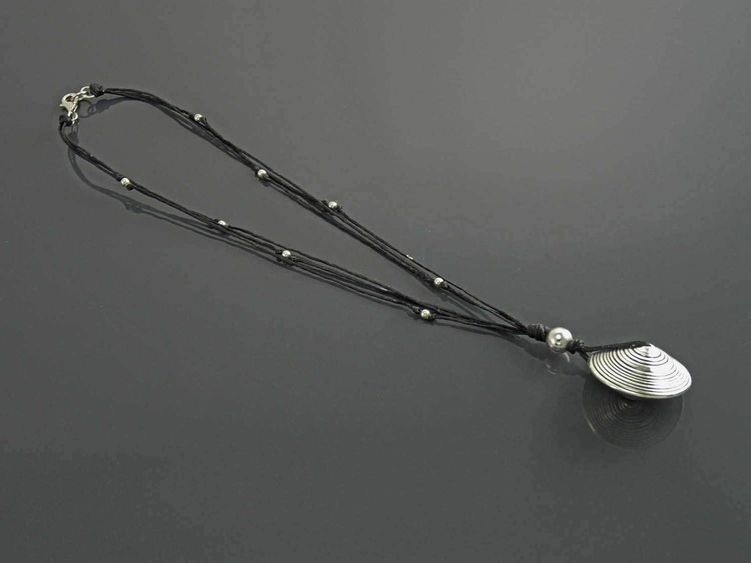 Disc Necklace, Silver 925, Spiral Stripes, Spinning Circular Round Pendant, Black Multi Strand, Ethnic Surfer Beach Summer Jewelry Gift