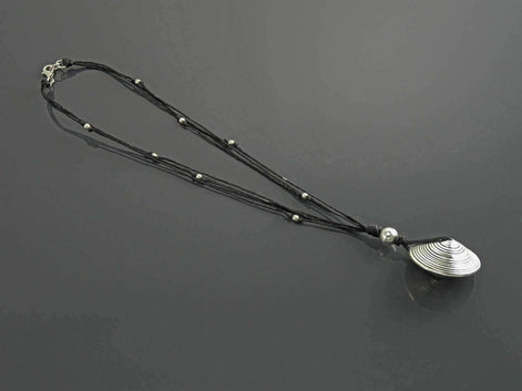 Disc Necklace, Silver 925, Spiral Stripes, Spinning Circular Round Pendant, Black Multi Strand, Ethnic Surfer Beach Summer Jewelry Gift