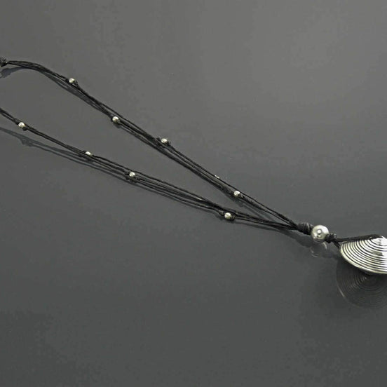 Disc Necklace, Silver 925, Spiral Stripes, Spinning Circular Round Pendant, Black Multi Strand, Ethnic Surfer Beach Summer Jewelry Gift