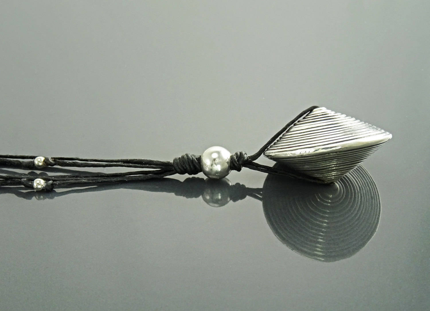 Disc Necklace, Silver 925, Spiral Stripes, Spinning Circular Round Pendant, Black Multi Strand, Ethnic Surfer Beach Summer Jewelry Gift