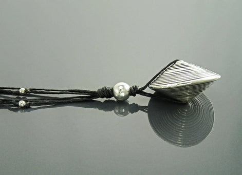 Disc Necklace, Silver 925, Spiral Stripes, Spinning Circular Round Pendant, Black Multi Strand, Ethnic Surfer Beach Summer Jewelry Gift