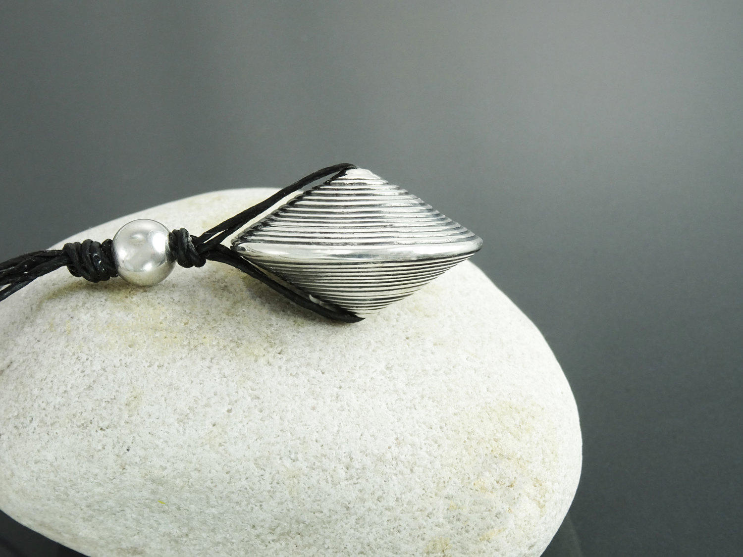 Disc Necklace, Silver 925, Spiral Stripes, Spinning Circular Round Pendant, Black Multi Strand, Ethnic Surfer Beach Summer Jewelry Gift