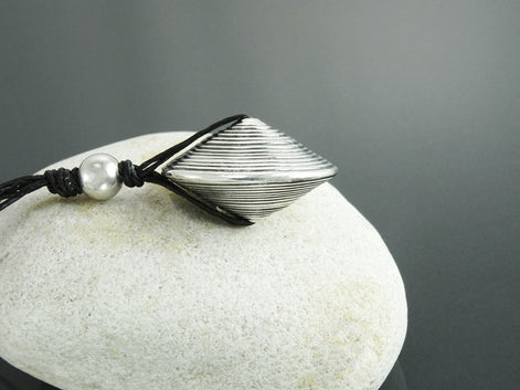 Disc Necklace, Silver 925, Spiral Stripes, Spinning Circular Round Pendant, Black Multi Strand, Ethnic Surfer Beach Summer Jewelry Gift