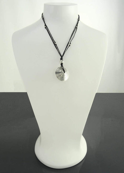 Disc Necklace, Silver 925, Spiral Stripes, Spinning Circular Round Pendant, Black Multi Strand, Ethnic Surfer Beach Summer Jewelry Gift