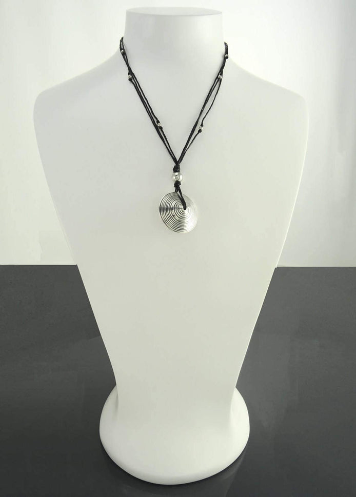 Disc Necklace, Silver 925, Spiral Stripes, Spinning Circular Round Pendant, Black Multi Strand, Ethnic Surfer Beach Summer Jewelry Gift
