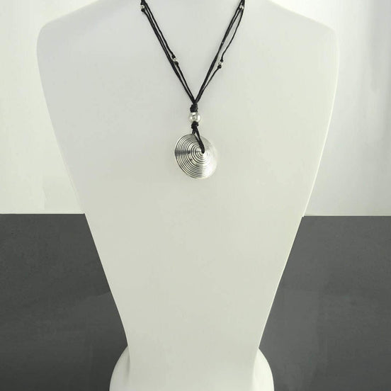 Disc Necklace, Silver 925, Spiral Stripes, Spinning Circular Round Pendant, Black Multi Strand, Ethnic Surfer Beach Summer Jewelry Gift