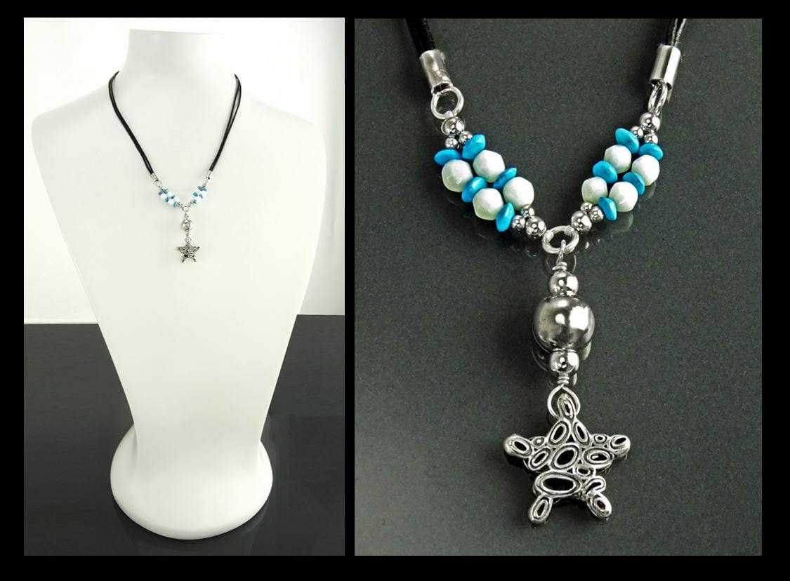 Summer Necklace, Sterling Silver 925, Blue Turquoise Stone and White Stones Balls, Star Pendant, Black Cotton Wire, Beach Surfer Jewelry
