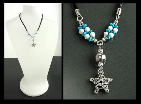 Summer Necklace, Sterling Silver 925, Blue Turquoise Stone and White Stones Balls, Star Pendant, Black Cotton Wire, Beach Surfer Jewelry