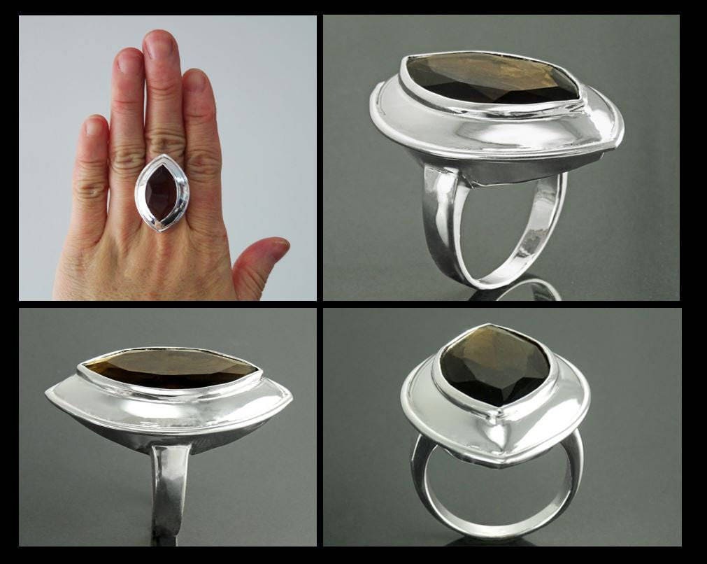 Bague Quartz, Argent 925, Grand Zirconia Oval couleur Quartz Fumé, taillé en Marquise, Ligne Pure, Simple, Grande Bague Originale,