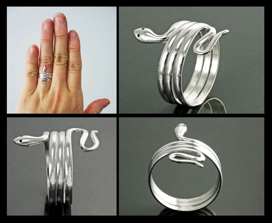 Sterling Silver Snake Coil Ring, Wide Wrap Reptilian Cuff Band
