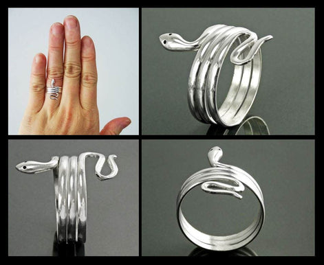 Sterling Silver Snake Coil Ring, Wide Wrap Reptilian Cuff Band