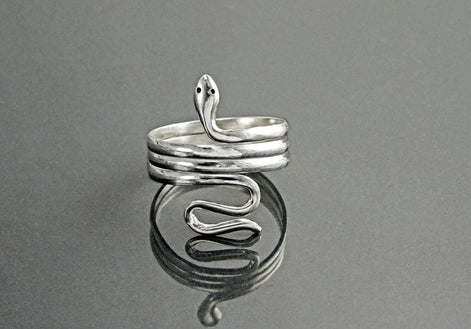 Sterling Silver Snake Coil Ring, Wide Wrap Reptilian Cuff Band