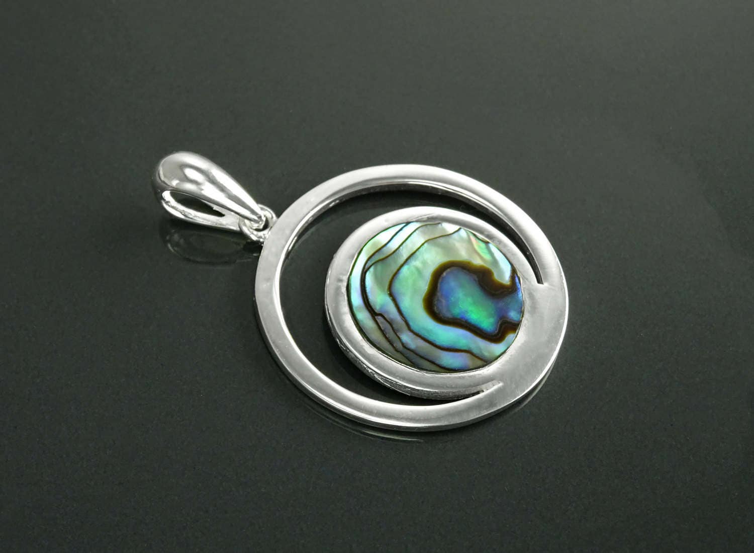 Full Moon Pendant, Sterling Silver, Genuine Paua Shell Abalone, Modern Jewelry, Crescent Moon, Round Flat Stone, Planet Earth Symbol