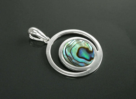 Full Moon Pendant, Sterling Silver, Genuine Paua Shell Abalone, Modern Jewelry, Crescent Moon, Round Flat Stone, Planet Earth Symbol
