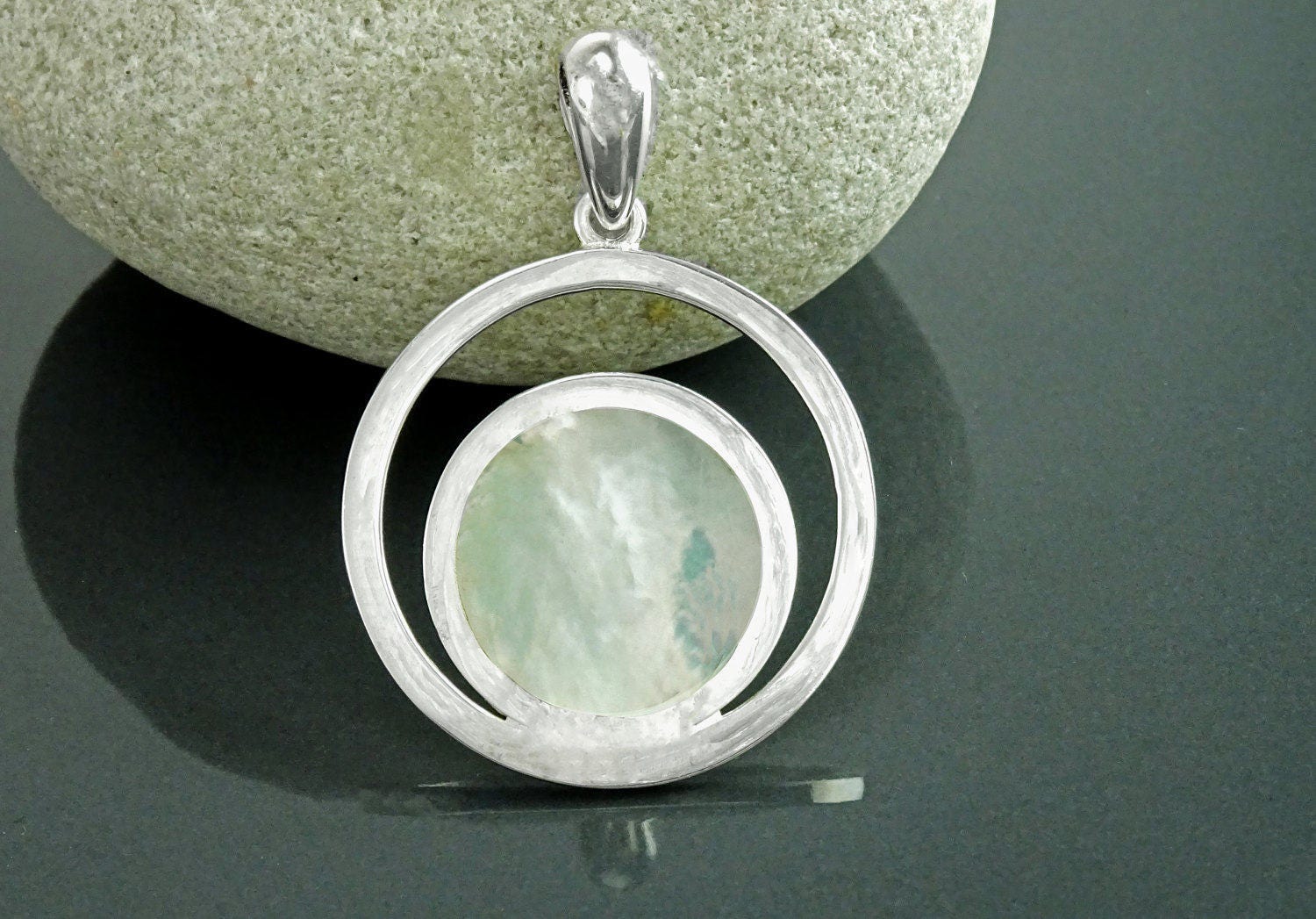 Moon Pendant, Sterling Silver, White Mother of Pearl Shell, Modern Minimalist Jewelry, Crescent Moon , Round Flat Stone, Planet Earth Symbol