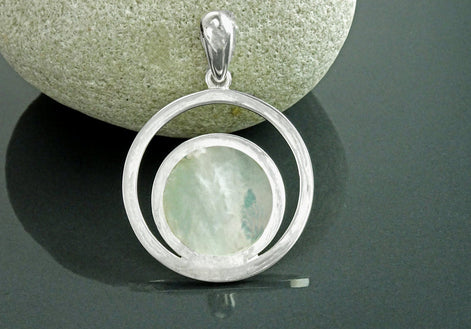 Moon Pendant, Sterling Silver, White Mother of Pearl Shell, Modern Minimalist Jewelry, Crescent Moon , Round Flat Stone, Planet Earth Symbol