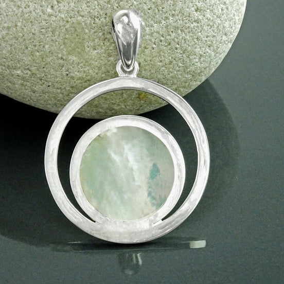 Moon Pendant, Sterling Silver, White Mother of Pearl Shell, Modern Minimalist Jewelry, Crescent Moon , Round Flat Stone, Planet Earth Symbol
