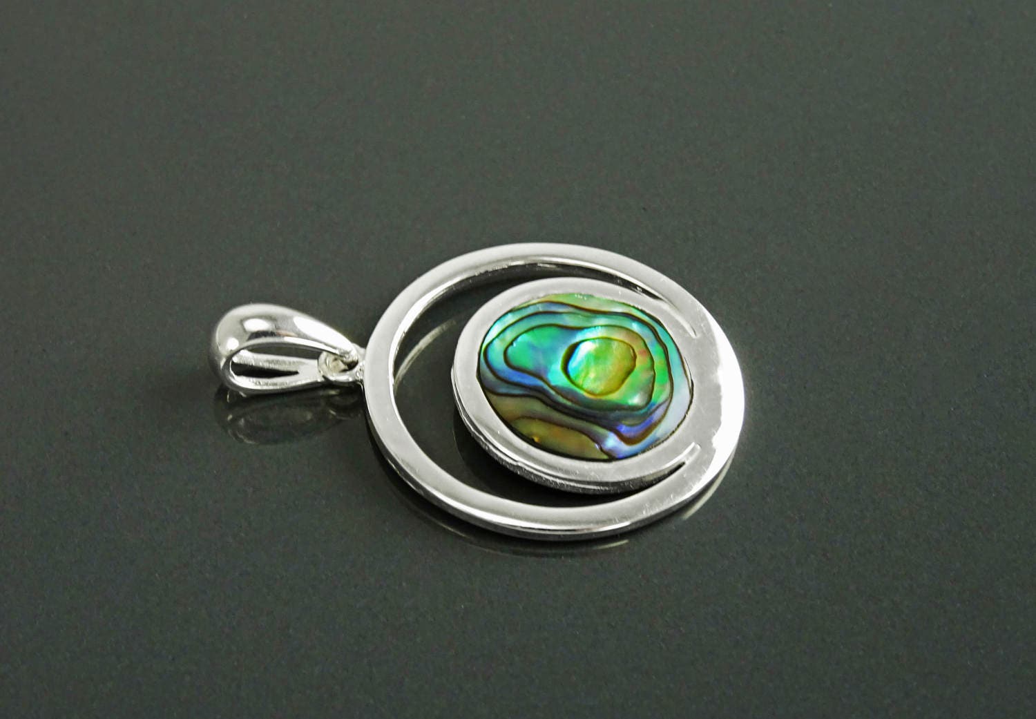 Full Moon Pendant, Sterling Silver, Genuine Paua Shell Abalone, Modern Jewelry, Crescent Moon, Round Flat Stone, Planet Earth Symbol