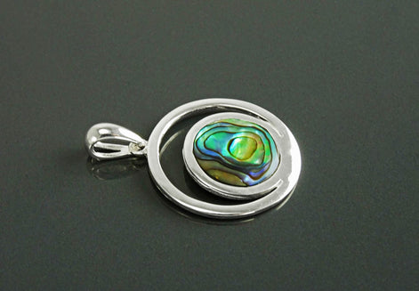 Full Moon Pendant, Sterling Silver, Genuine Paua Shell Abalone, Modern Jewelry, Crescent Moon, Round Flat Stone, Planet Earth Symbol