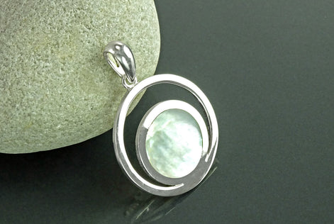 Moon Pendant, Sterling Silver, White Mother of Pearl Shell, Modern Minimalist Jewelry, Crescent Moon , Round Flat Stone, Planet Earth Symbol