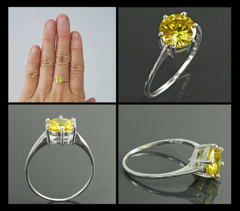 Solitaire Ring, Sterling Silver, 8mm Yellow Color (CZ) Stone, Modern promise jewelry Design, Women engagement gift