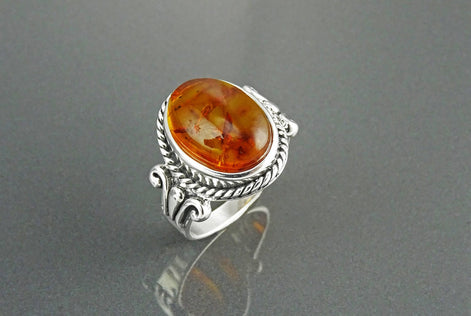 Oval Amber Gemstone Ring, Sterling Silver Rope Shank, Boho Unisex Jewelry By KRAMIKE