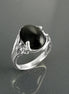 Sterling Silver Onyx Leaf Ring, Boho Antique Rope Shank Band, Oval Black Gemstone