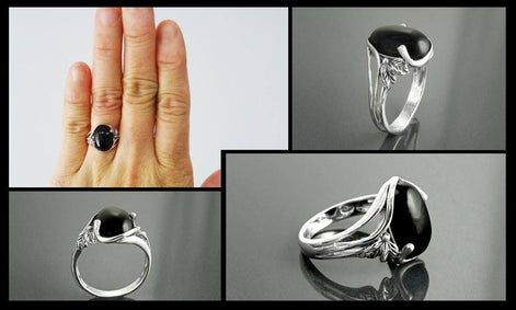 Sterling Silver Onyx Leaf Ring, Boho Antique Rope Shank Band, Oval Black Gemstone