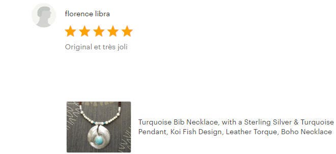 Turquoise Fish Necklace, Sterling Silver & Turquoise Stone Pendant, Engraved Asian Koi Fish Design, Leather Torque, Boho Bib Necklace