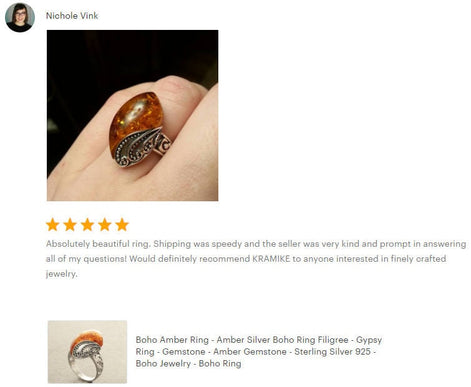Boho Amber Ring, Sterling Silver 925, GENUINE Amber Gemstone with Inclusions, Intricate Filigree Jewelry, Antique Vintage Bali Bohemian Ring