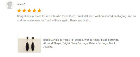 Black Dangle Earrings - Sterling Silver, Oval Almond Shape Onyx Stone, Bright Black Stones Drop Earrings, Modern Geometric Jewelry