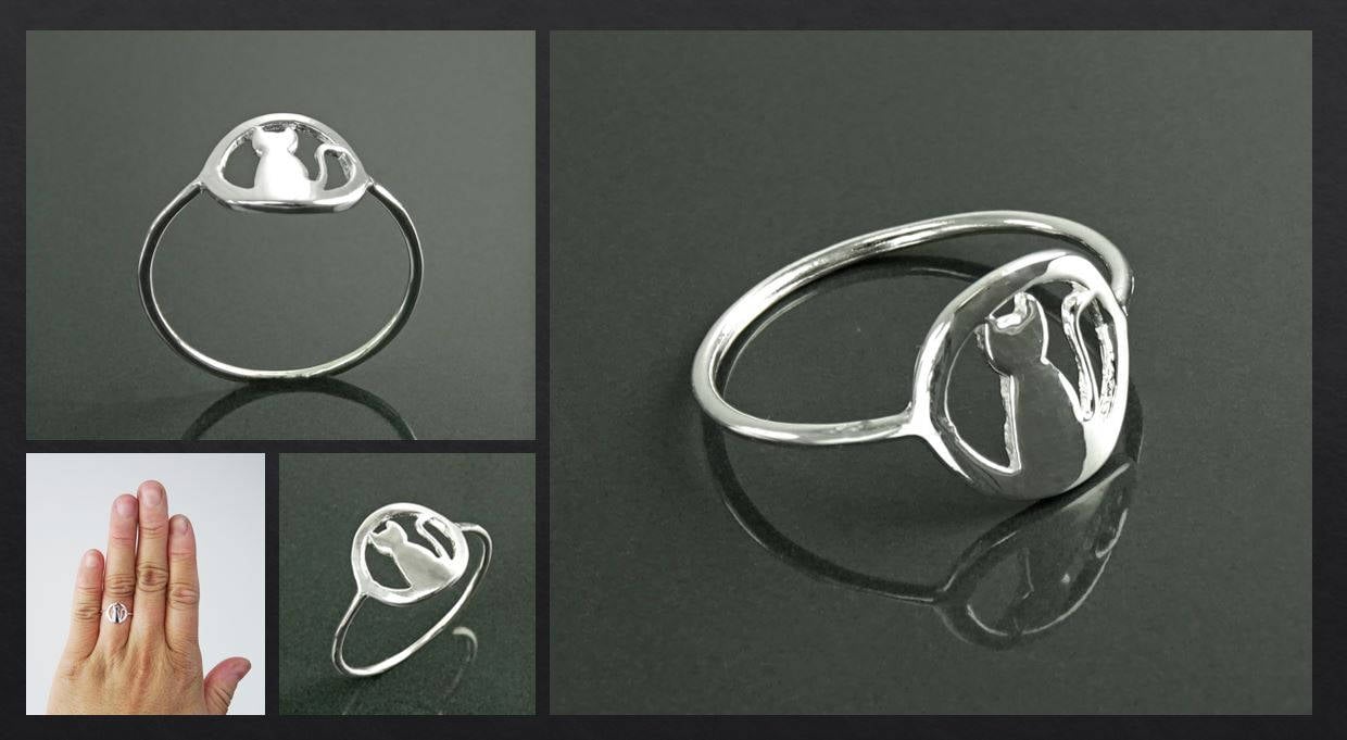 Cat Moon Ring, Sterling Silver, Sitting Cat with Moonlight Round Ring, Kitty Ring, Feline Ring, Pet Jewelry, Pussy Cat Ring, Kitten Ring