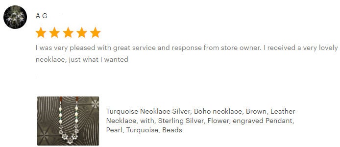 Flowers Necklace, Sterling Silver, Brown Leather Cord, White Oval Shell and Turquoise Beads, Boho Country Flower Engraved Design