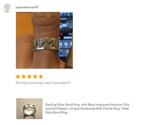 Handmade Sterling Silver Band Ring, Hawaiian Tiki Engraved, Tribal Surf Style, Large Ring