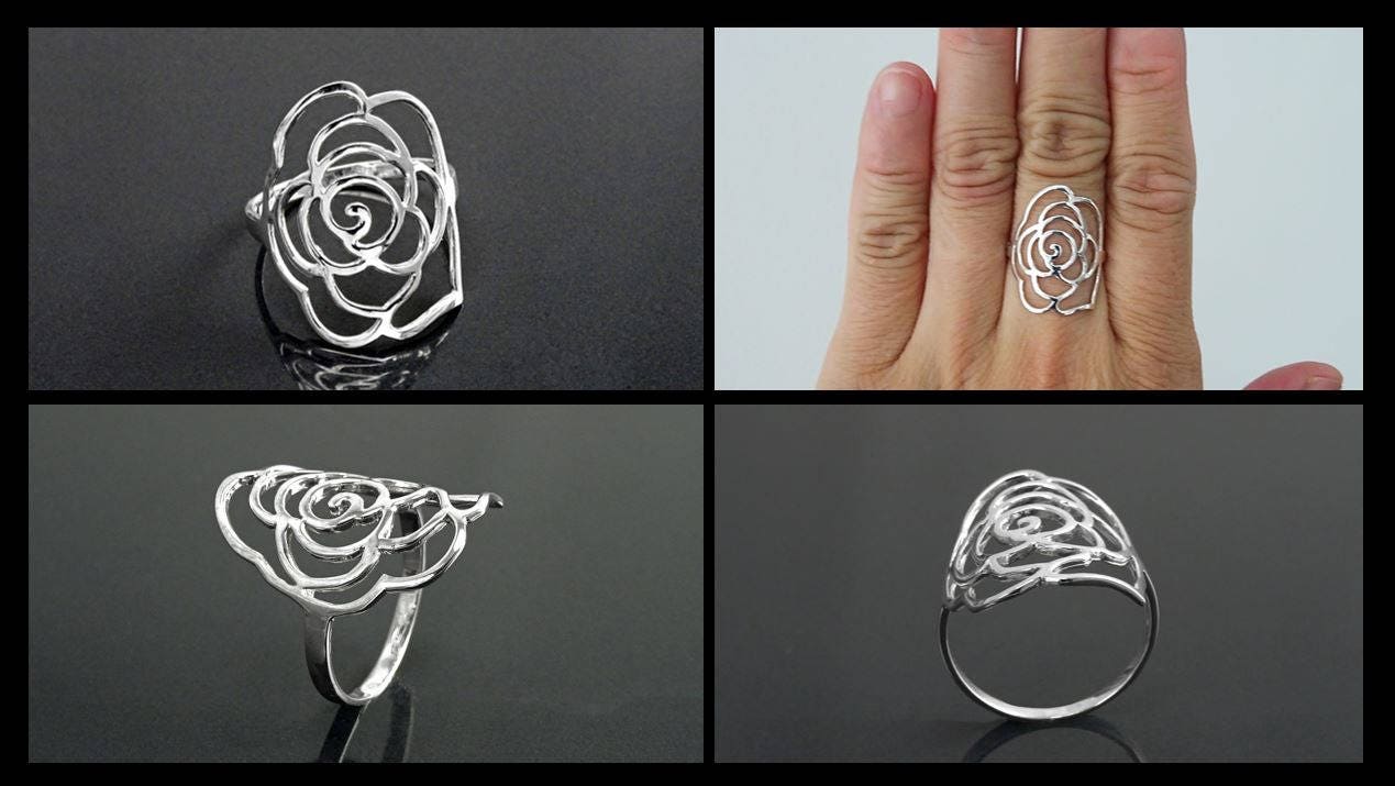 Sterling Silver Rose Filigree Ring, Open Work Floral Lace Jewelry